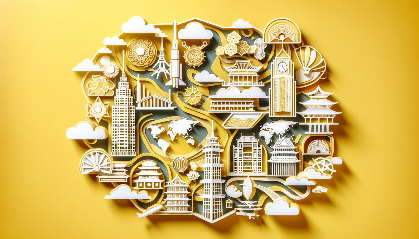 Paper art Asia map with quiz icons on golden yellow background invites testing knowledge of Asian countries and capitals