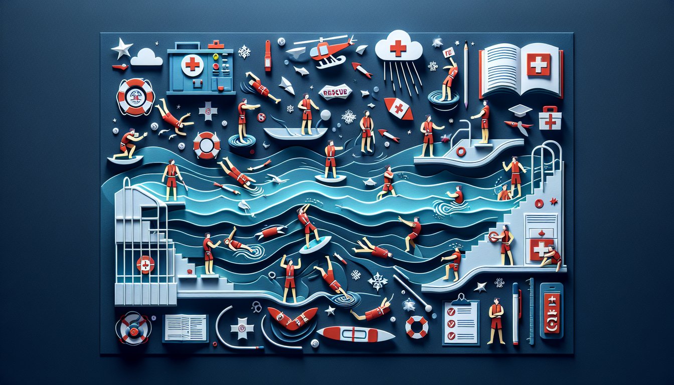 Colorful paper art promoting a lifeguard protocol trivia quiz for high school students.