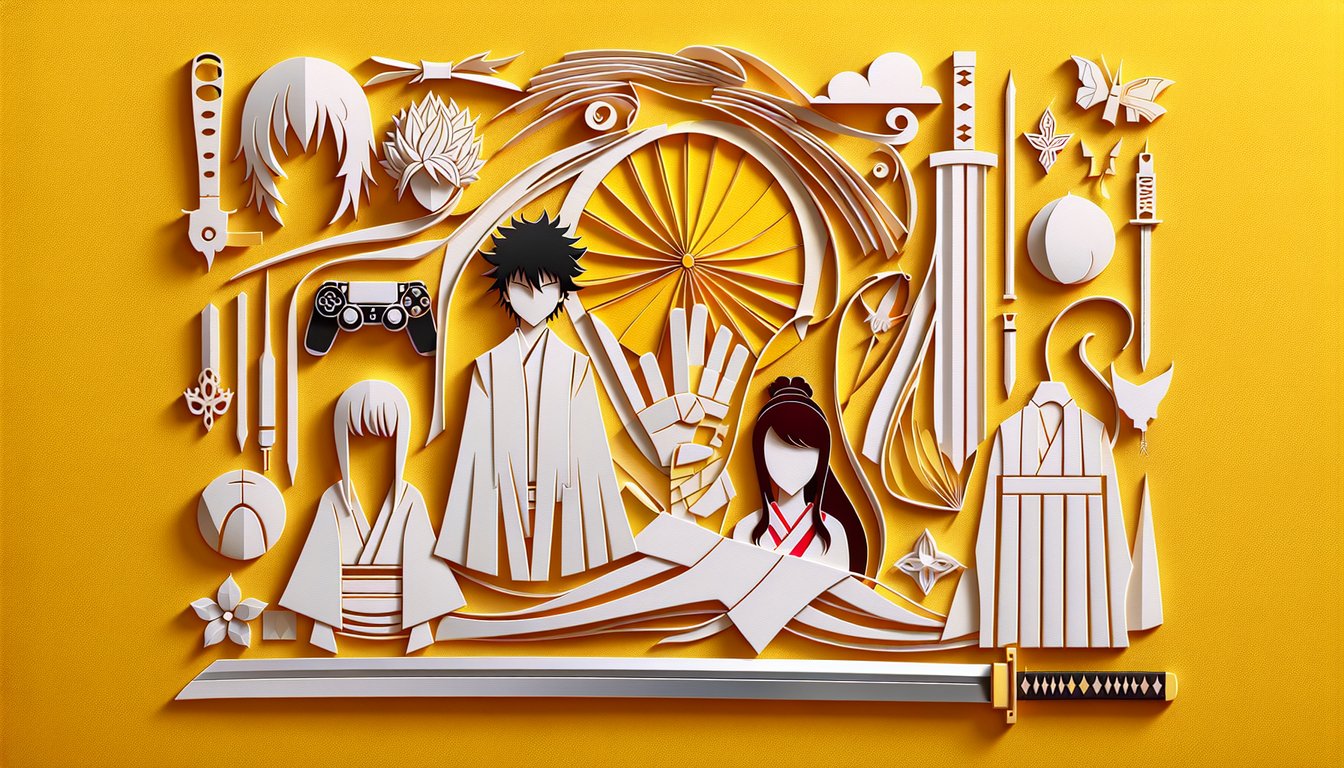 Paper art silhouettes of Bleach characters and numbers 1 to 5 on golden yellow background for Episodes 1 to 5 trivia quiz