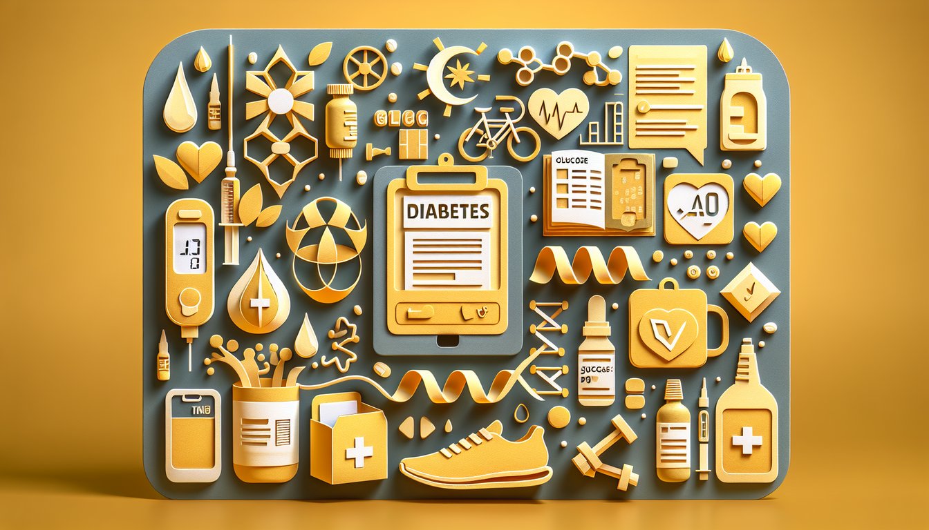 Layered paper cutout icons of glucose meter insulin vial blood drop and free quiz prompt on golden yellow background