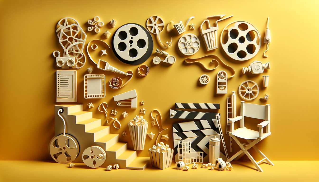 Paper art illustration for personality quiz with spooky silhouettes and Tim Burton movie icons on golden yellow background