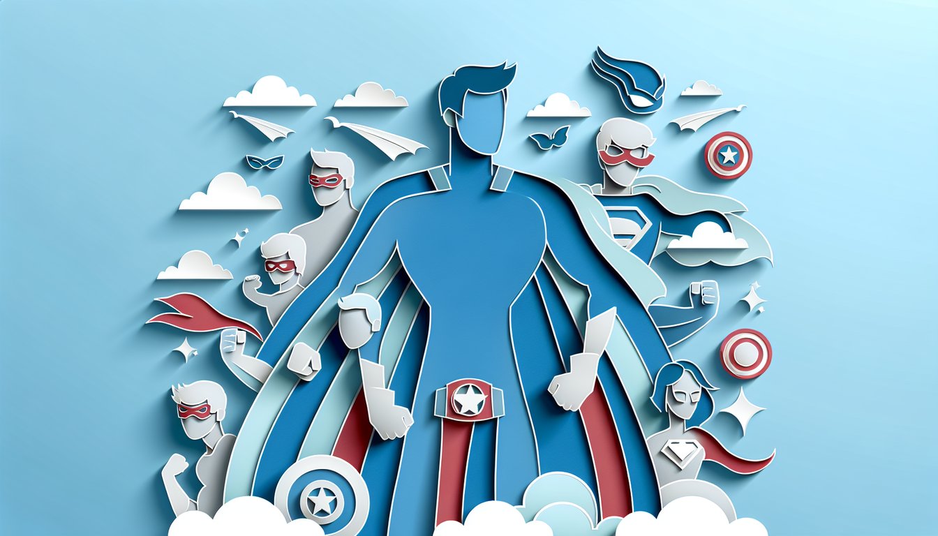Paper art illustration of Tony Stark and Steve Rogers quiz icons on sky blue background