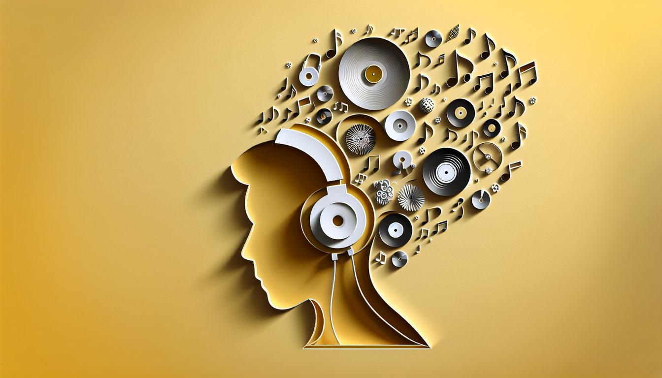 paper art illustration of headphones vinyl record and music notes on golden yellow background quiz personal soundtrack