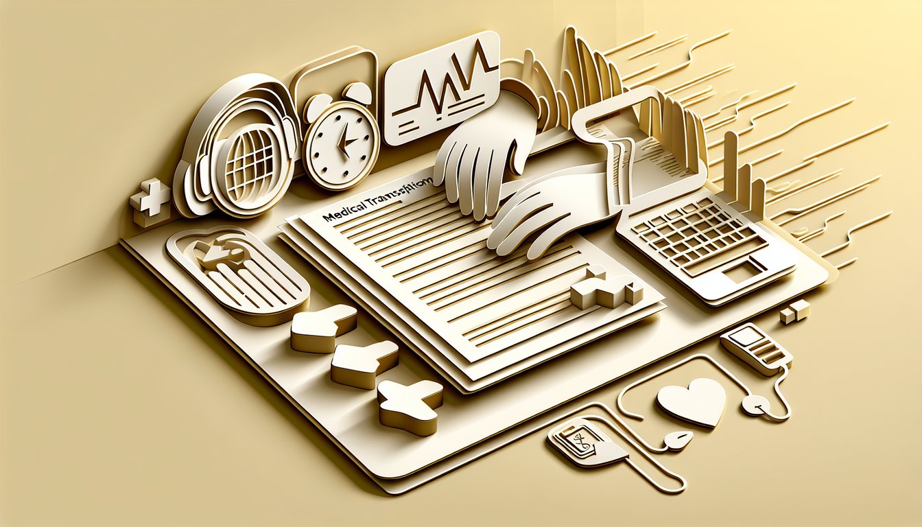 Paper art illustration of medical transcription quiz elements stethoscope sheet notes pen on golden yellow background