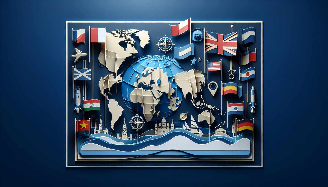 Paper art illustration with flag and map cutouts on dark blue background for country identification quiz