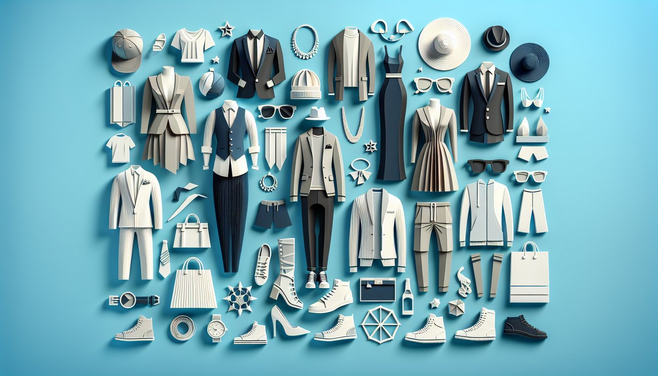 Paper art style collage of dresses accessories and quiz icons on sky blue background inviting a style challenge