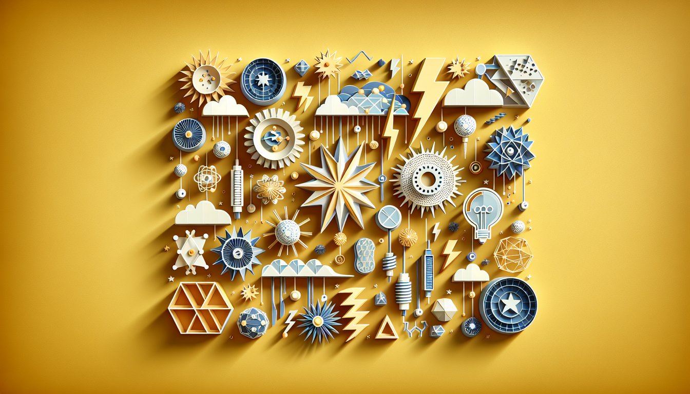 Paper art static electricity quiz illustration on golden yellow background with lightning bolts test tube question marks