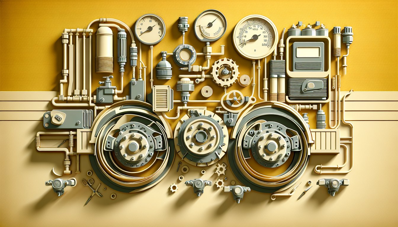 Paper art illustration showing brake drums pressure gauges dual air brake setup icons over a golden yellow background