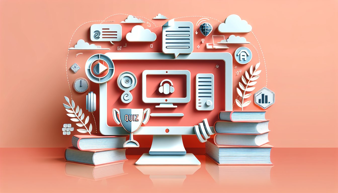 Paper art quiz concept on coral background with laptop pencil puzzle piece lightbulb icons for computer assisted instruction