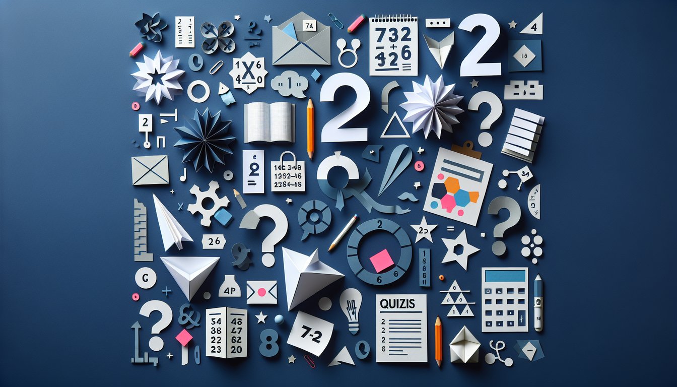 Colorful paper art promoting LCM Word Quest, a math trivia quiz for middle school students.