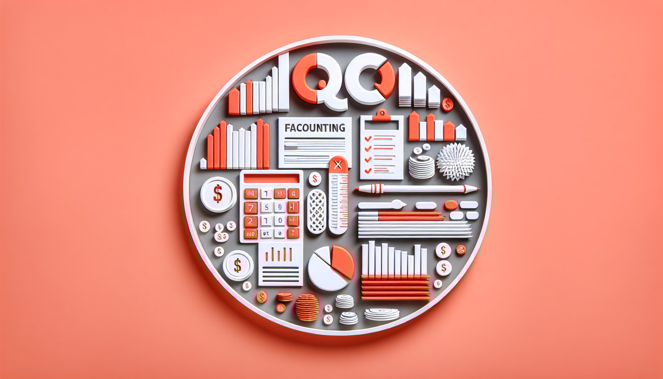 Paper art chart blocks quiz game pieces illustrating free Chart of Accounts challenge on coral background