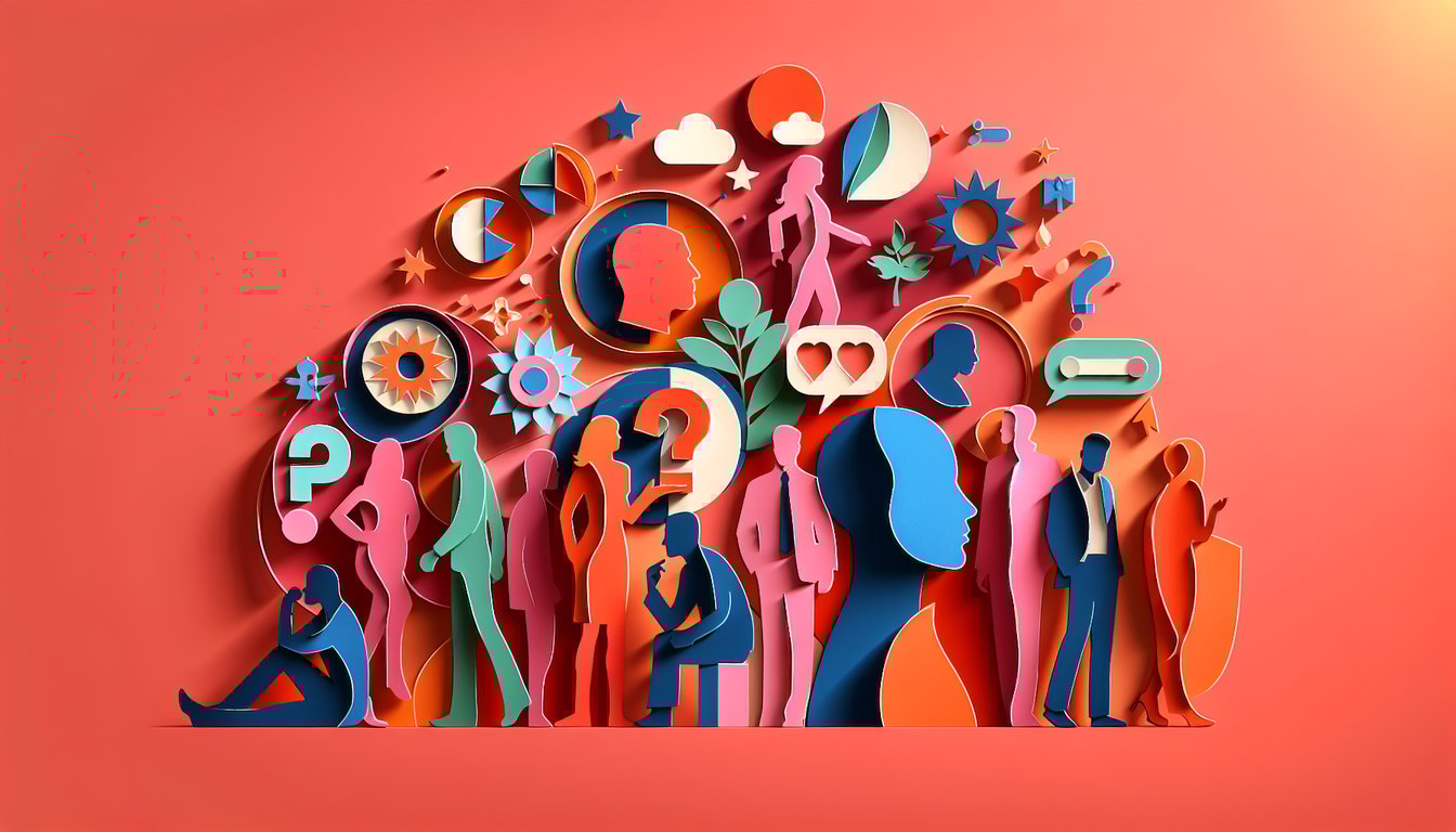 Paper art illustration for Doki Doki Literature Club persona quiz on a coral background
