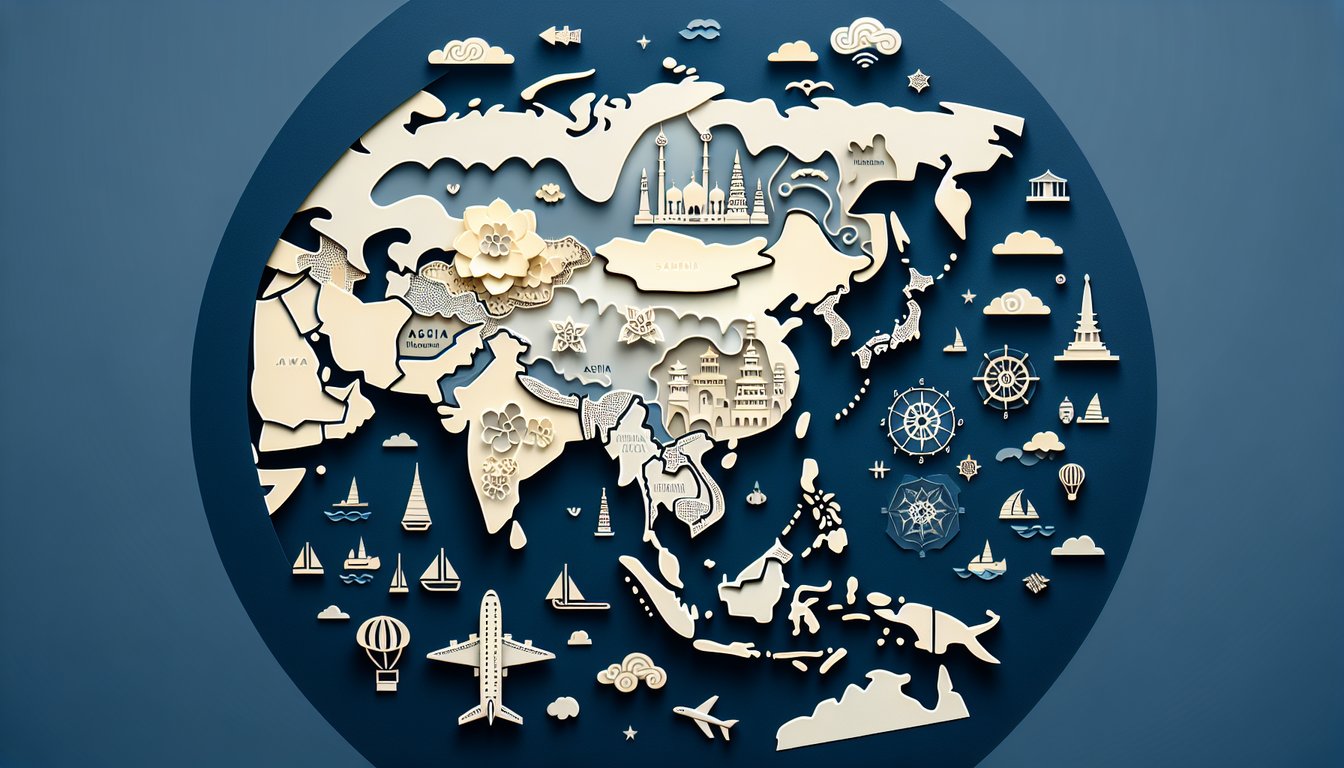 Paper art depicting Asia Map Mastery trivia for middle school geography quiz.