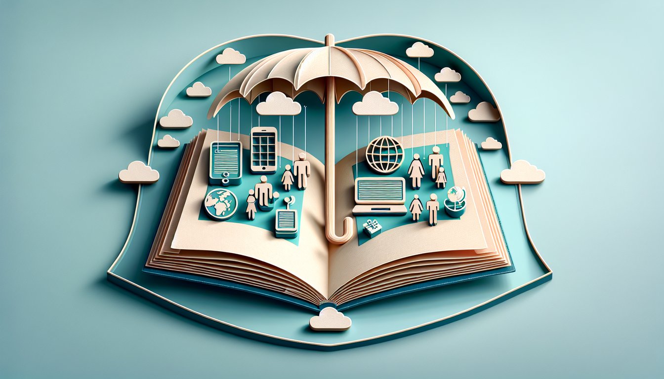 Paper art style illustration representing a cyberbullying quiz with devices, shield and question marks on teal background