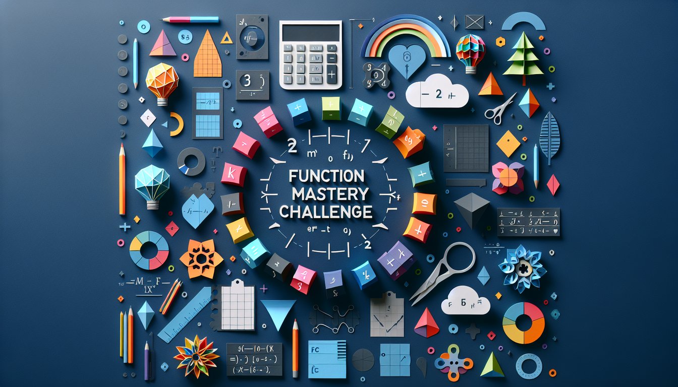Paper art promoting Function Mastery Challenge, a dynamic math quiz for high school students.