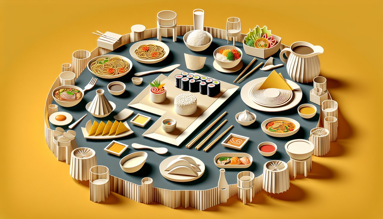 Papercut illustration of global dishes on golden yellow background for Foods of the World quiz.