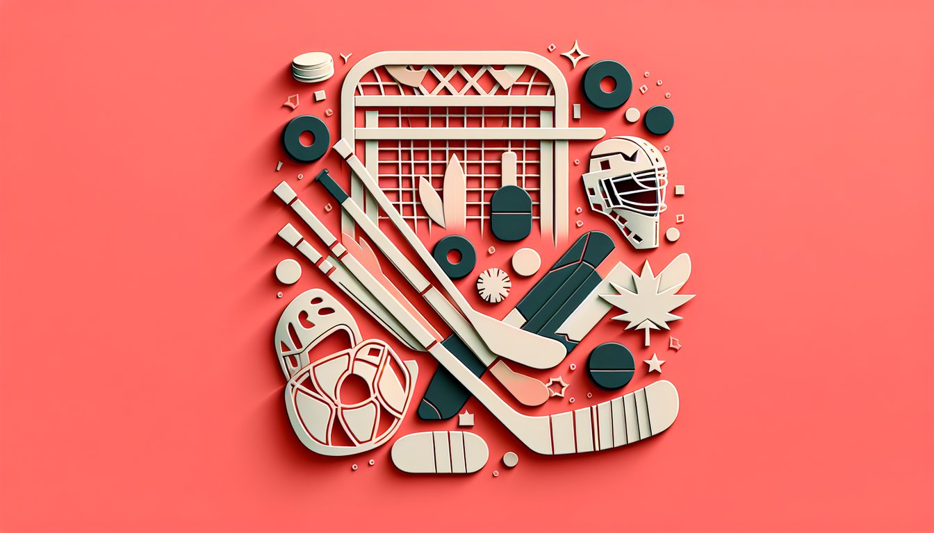 Paper cutout hockey sticks, puck, stylized team helmets on coral backdrop promoting Mighty Ducks style quiz