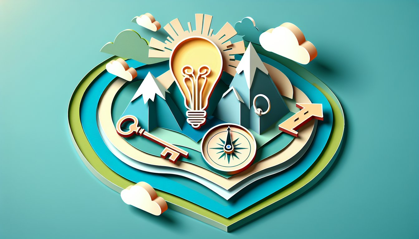 Paper art illustration showing a person climbing steps toward a glowing target with motivational symbols on teal background
