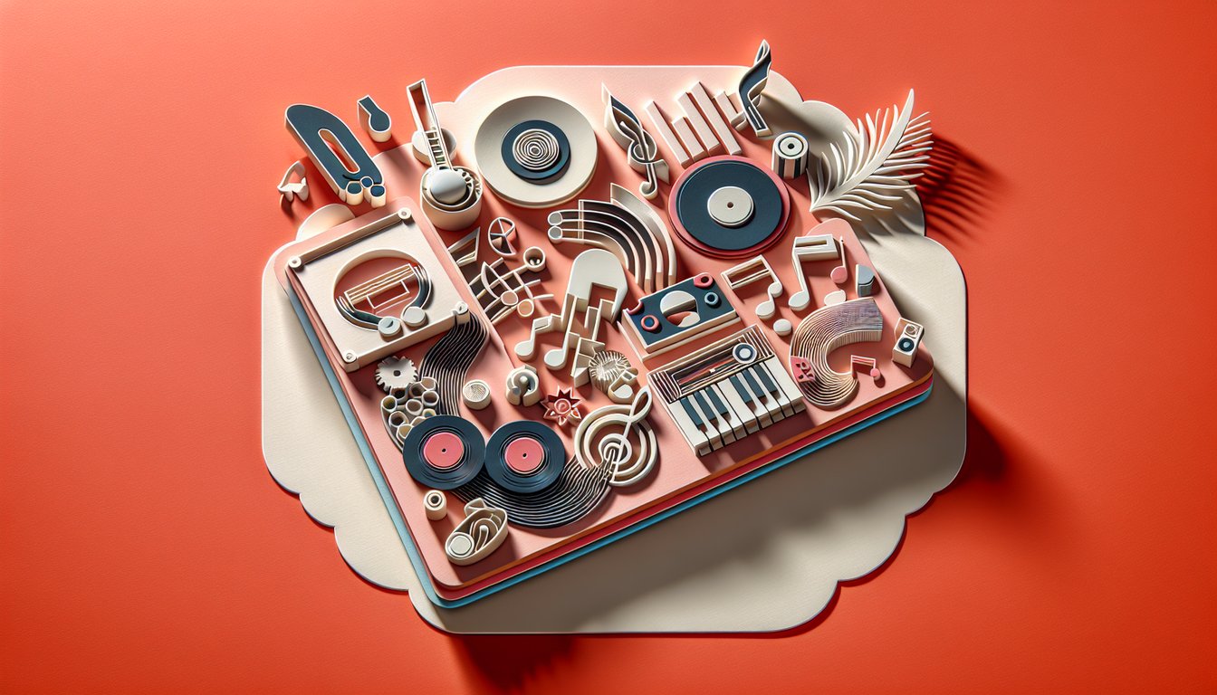 Paper art illustration of stylized letters spelling Bjork quiz with abstract album shapes on coral background.