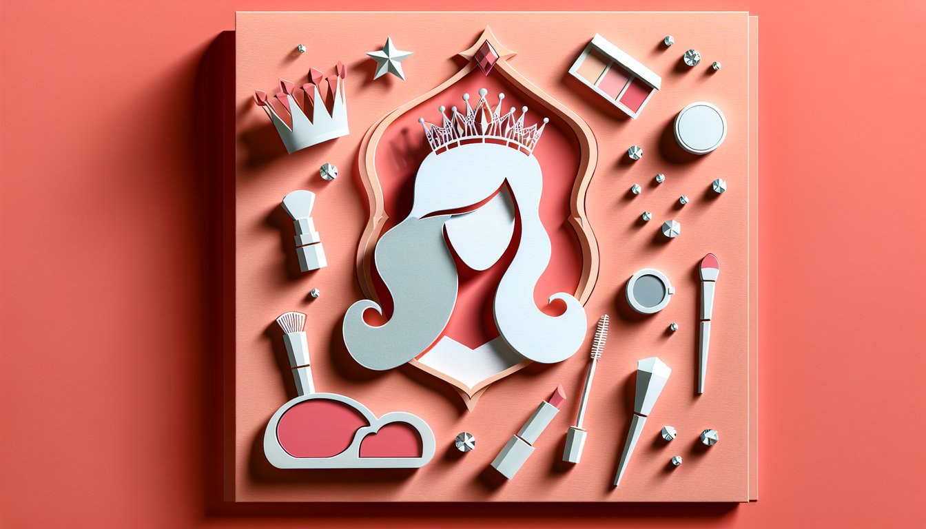 Paper art crown, lips, stars quiz banner on coral background