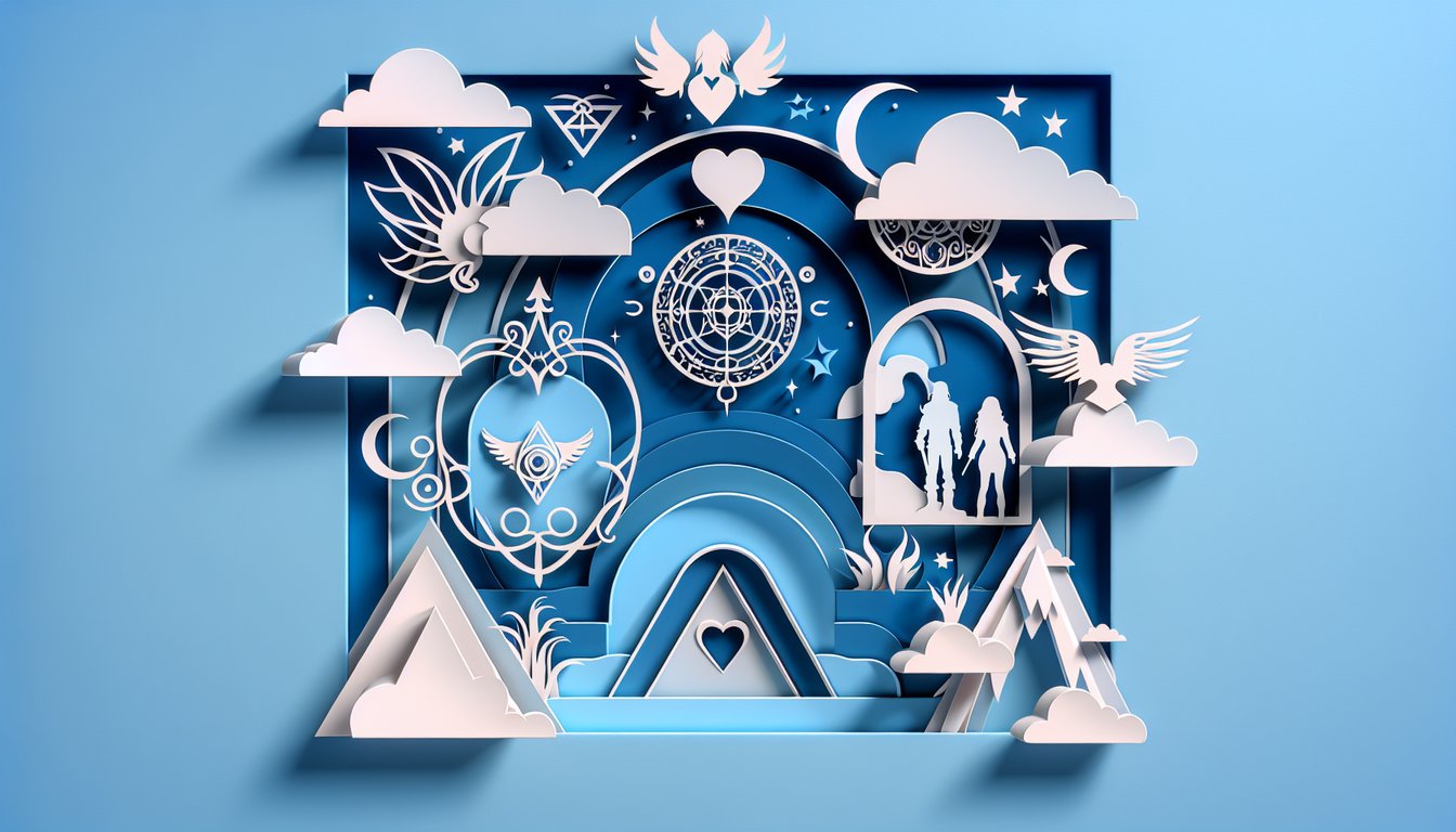 Paper art of a heart divided between a girl, a wolf and a vampire on sky blue background.