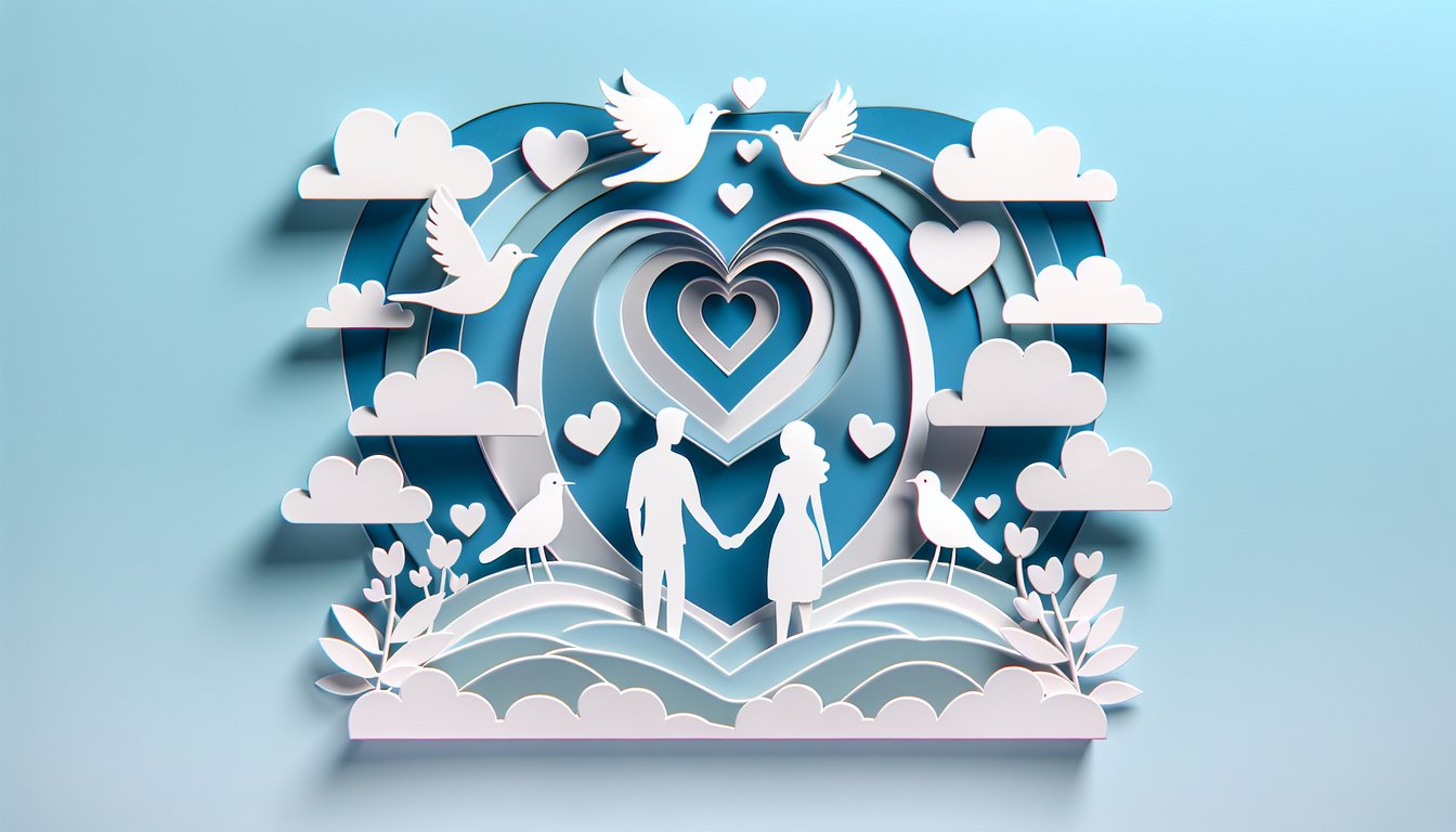 Paper art illustration for dream girlfriend quiz revealing perfect match and traits on sky blue background