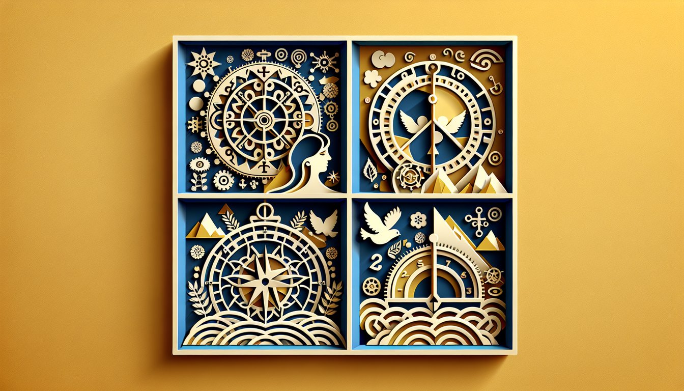 Paper art illustration promoting Personality Plus quiz with layered shapes and icons on golden yellow background