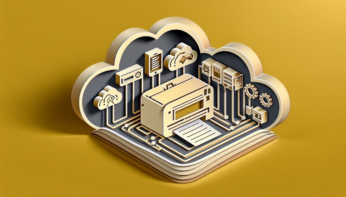 Paper art icons of printers servers cables and quiz title on golden yellow background