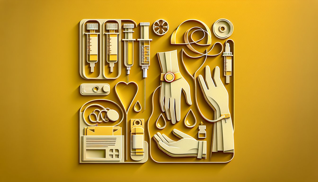 Paper art illustration for phlebotomy knowledge quiz on a golden yellow background.