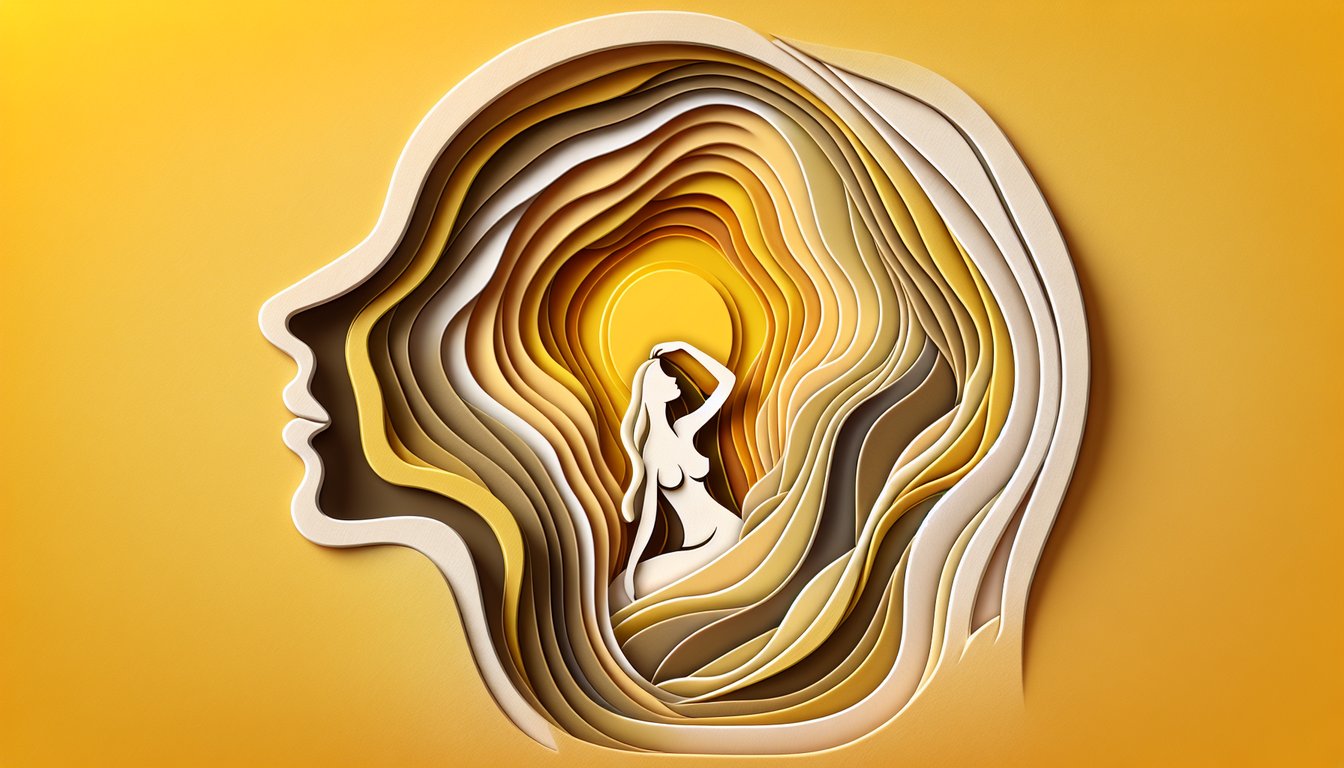 Layered paper cut silhouette of a feminine face with floral accents and dark energy motifs on a golden yellow background.