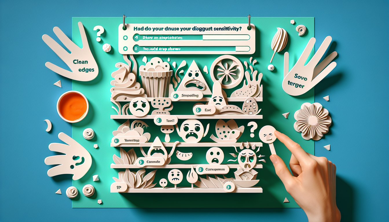 Paper art illustration for a disgust sensitivity quiz on a teal background