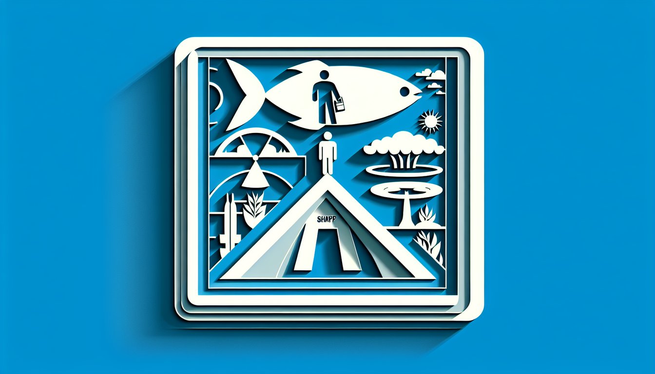 Paper art illustration for free Alas Babylon quiz showing characters maps candles supplies on sky blue background