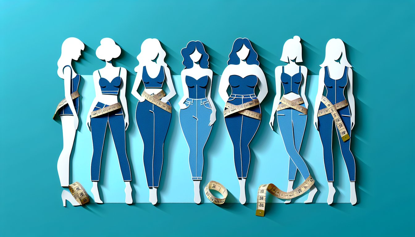 Paper art illustration for denim fit quiz on a teal background
