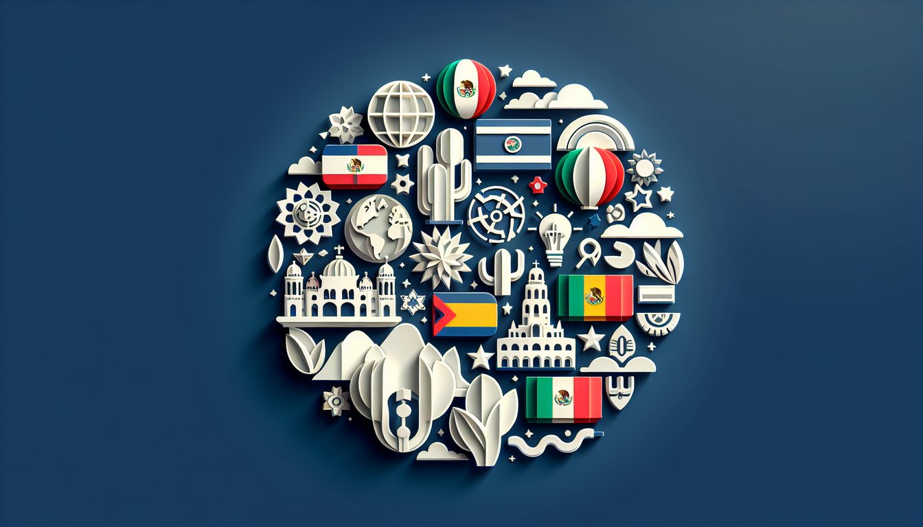 Paper art cutouts of flags capitals and country map shapes on dark blue background promoting Spanish speaking capitals quiz