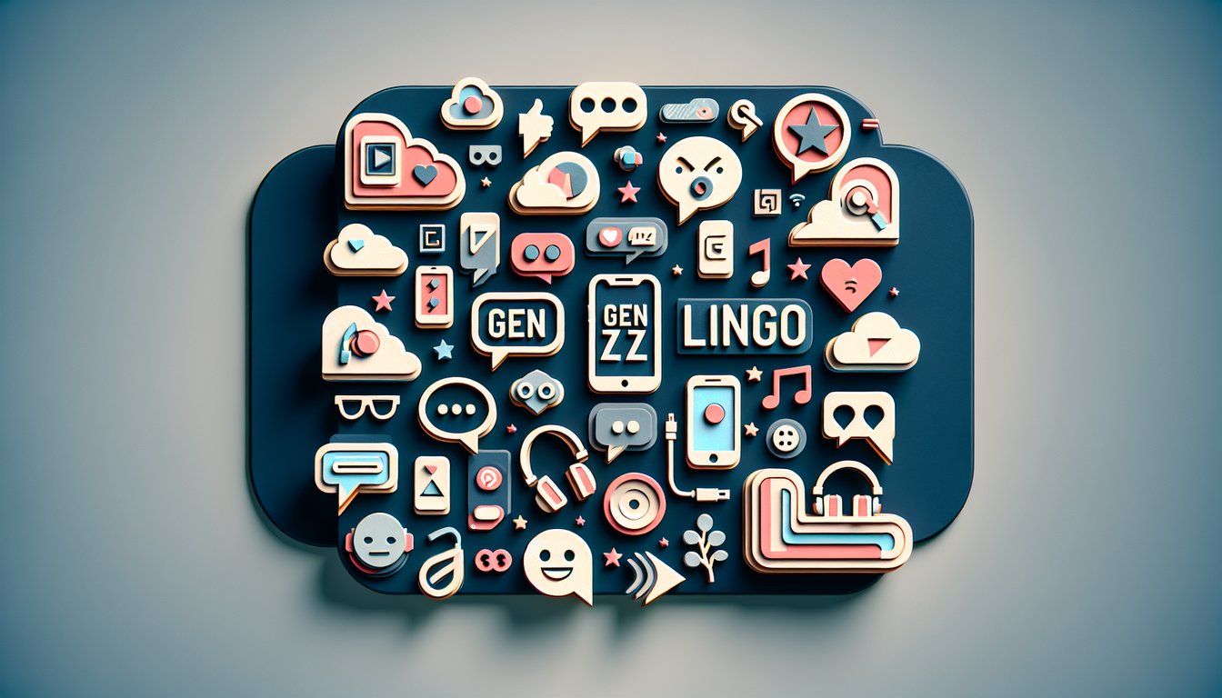 Paper art illustration of Gen Z lingo layered words and quiz card bursting with color on dark blue background