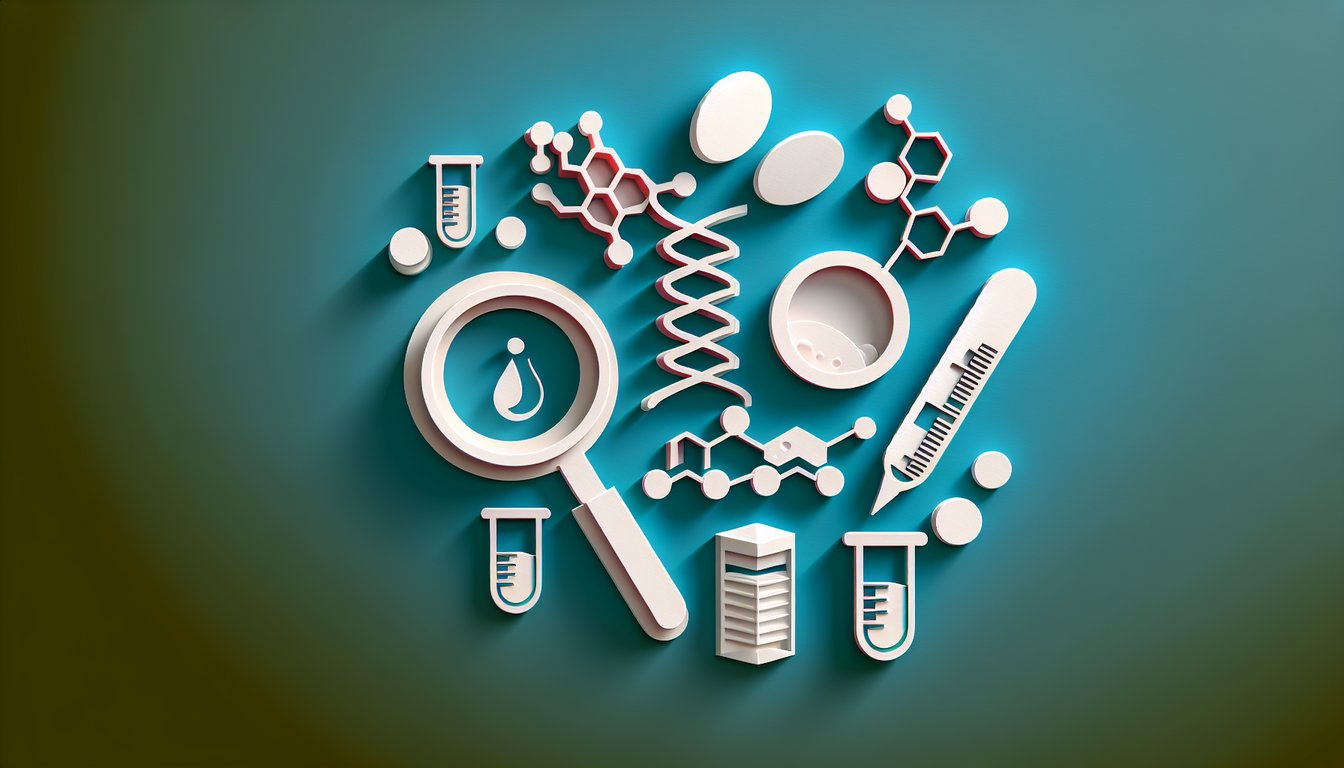 Paper art illustration showing test tubes vials proteins calcium enzymes on teal background for MLT clinical chemistry quiz