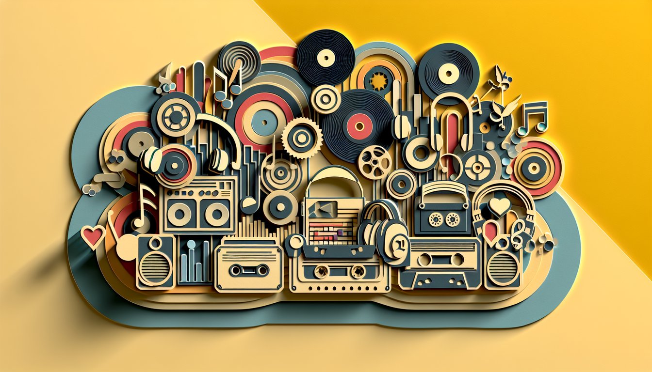 Paper art illustration for music quiz showing headphones vinyl record musical notes and question mark icons on golden yellow background