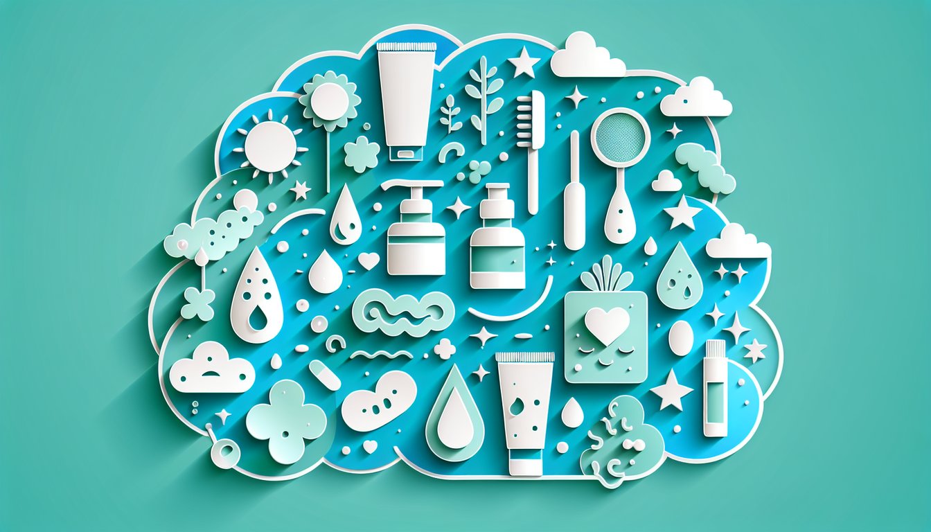 Paper art illustration for acne type identification quiz on teal background