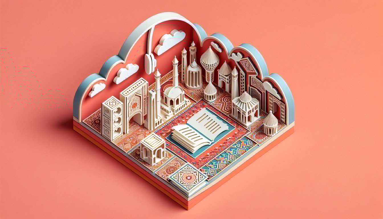 Paper art illustration for Farsi 101 quiz, vocabulary testing and online learning on coral background