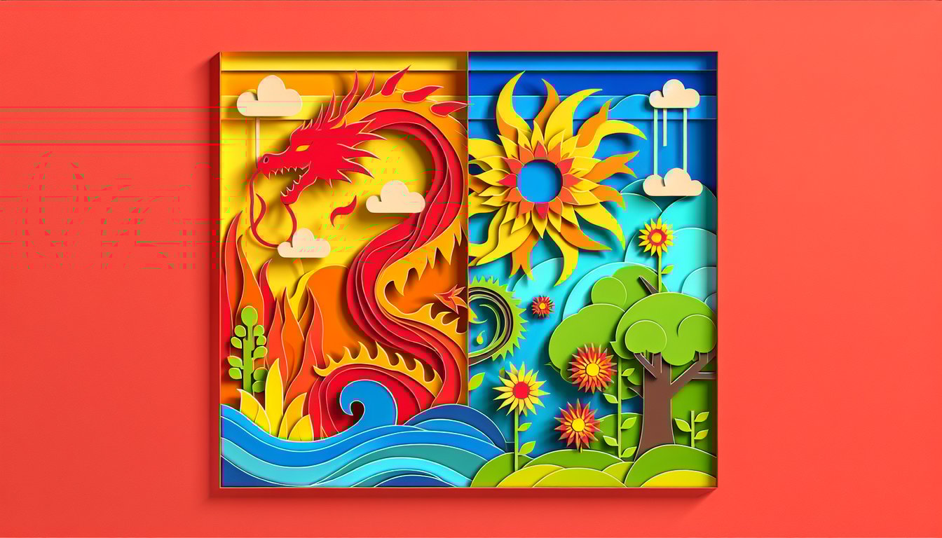 Paper art illustration for a color personality quiz on a coral background
