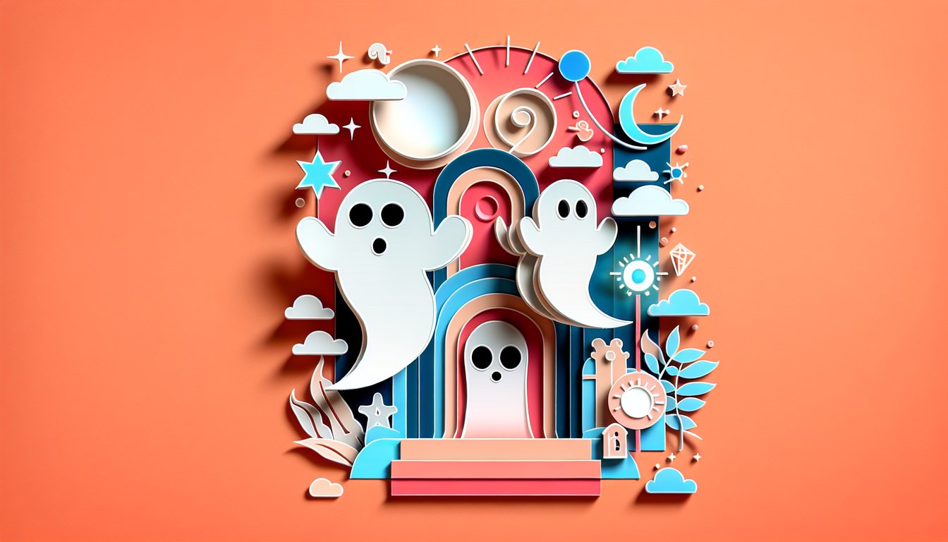 Paper art illustration on coral background with ghostly Bleach spirit silhouettes swords ink splat, soul test quiz callout