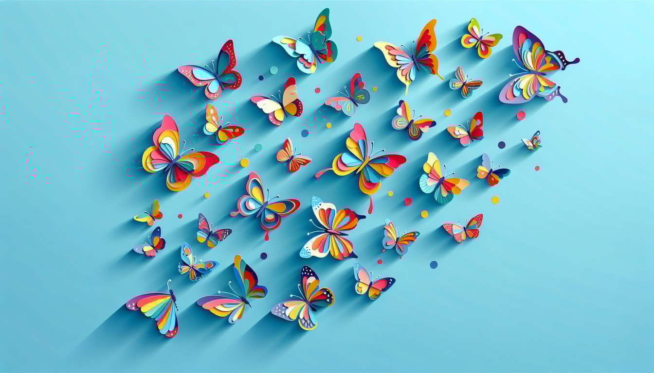 Paper cut butterflies surround layered paper letters spelling Test your butterfly knowledge for free on sky blue background