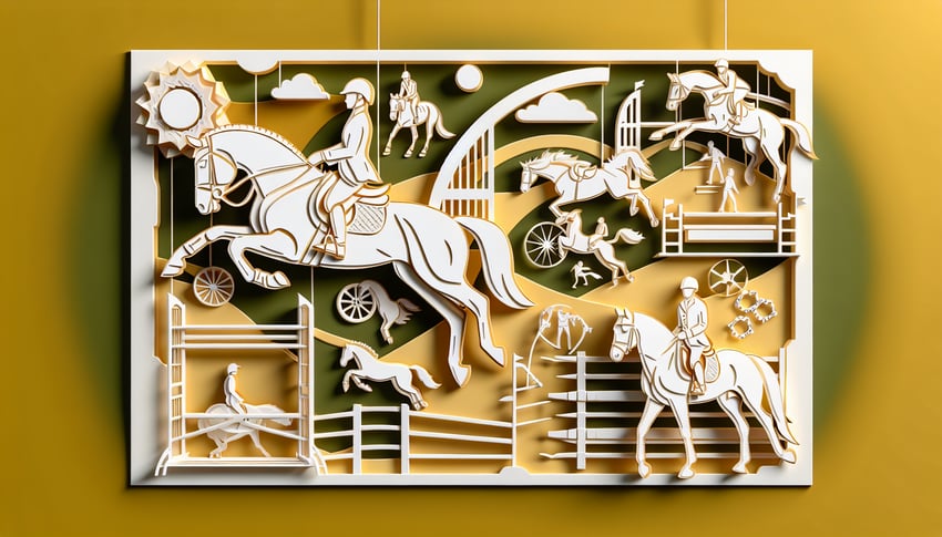 Paper art illustration of horse jumping, dressage, cross-country on golden yellow background for equestrian style quiz