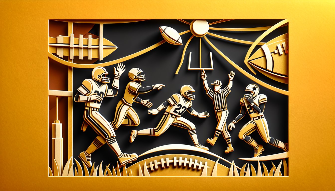 Paper art cutout of football flags and question marks on golden yellow backdrop for flag football trivia challenge