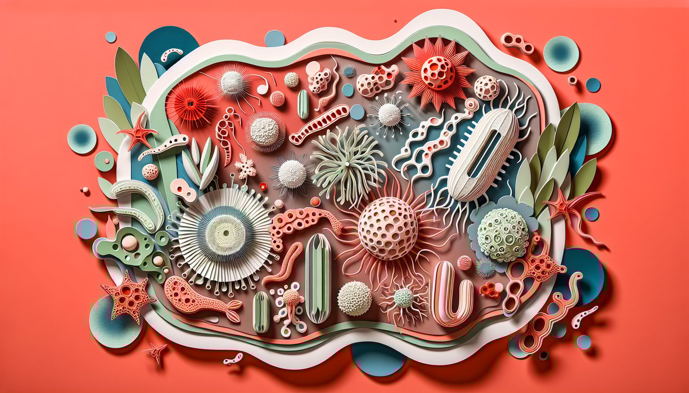 Paper art showing unicellular organisms autotroph heterotroph icons on coral background for Domains and Kingdoms quiz