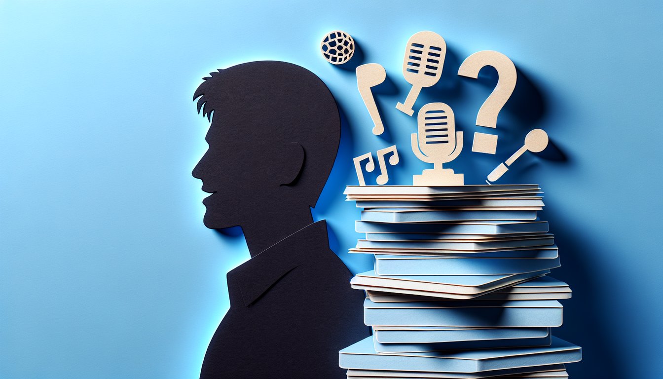 Paper art illustration of singer silhouette height chart tooth icon quiz design on sky blue background
