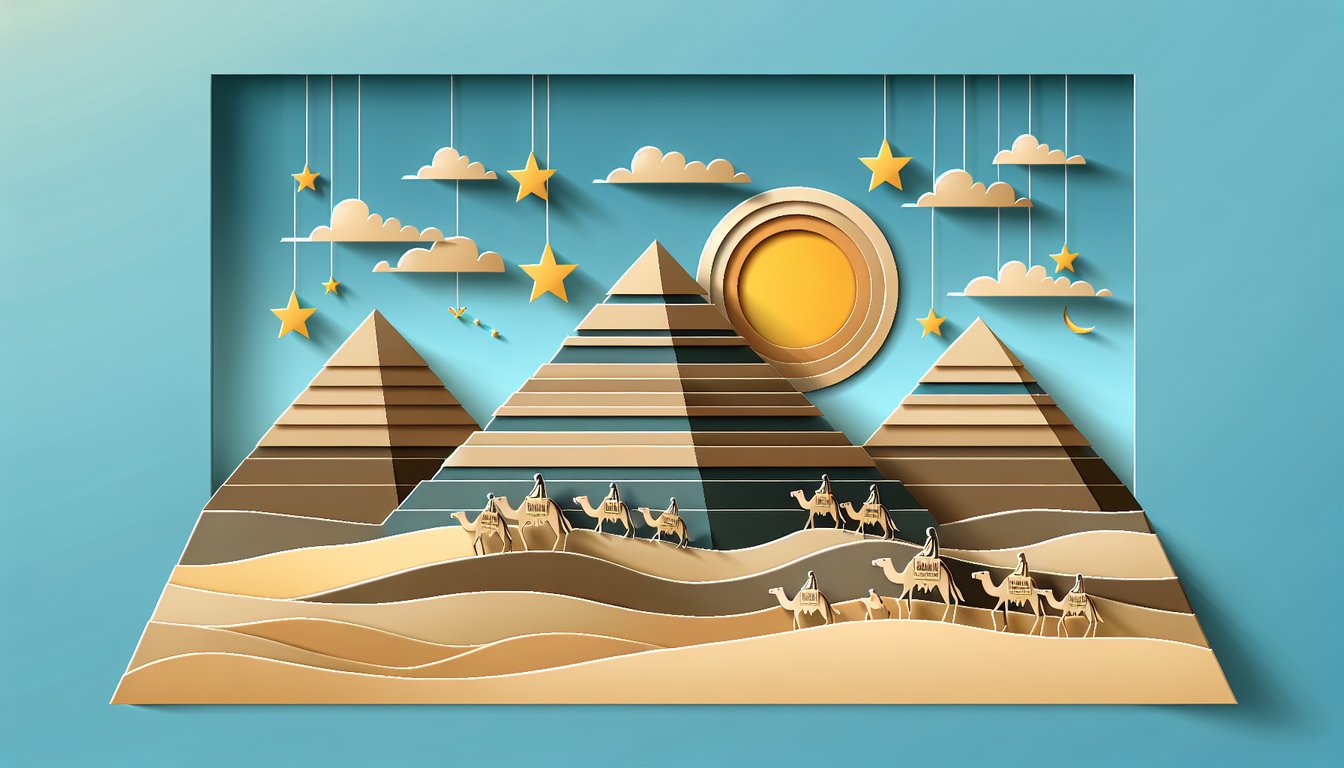 Paper art illustration for Giza Pyramid knowledge test quiz on sky blue background