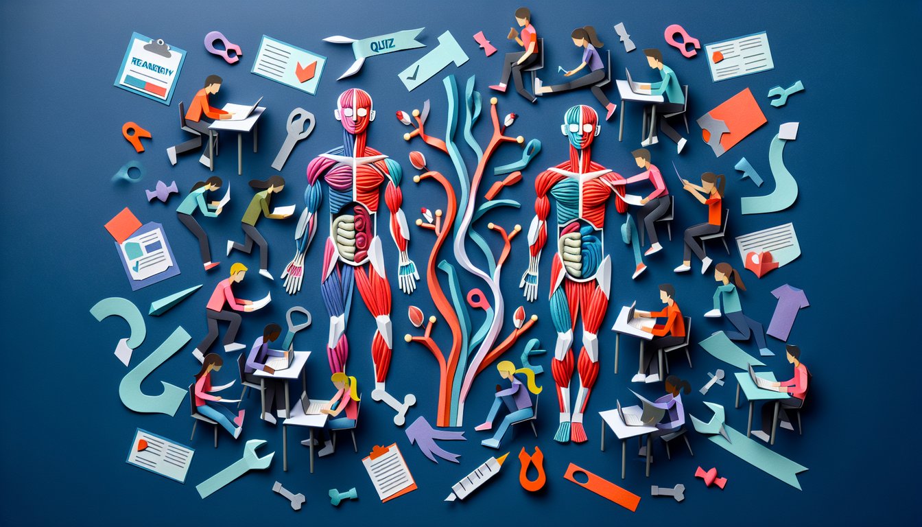 Paper art illustrating the Origin-Insertion Showdown quiz for anatomy students.