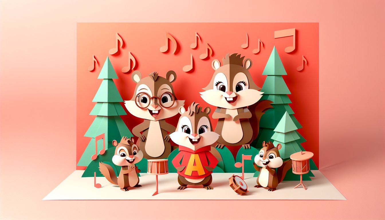Paper cutout style scene showing cartoon chipmunks and quiz title on coral background inviting users to name voice actors.
