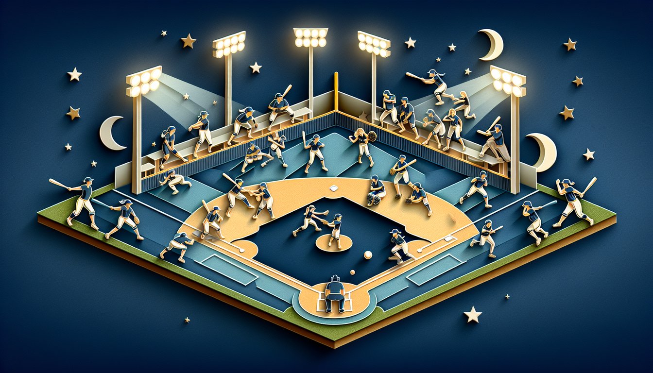 Paper art illustration promoting a free softball situations quiz on a dark blue background